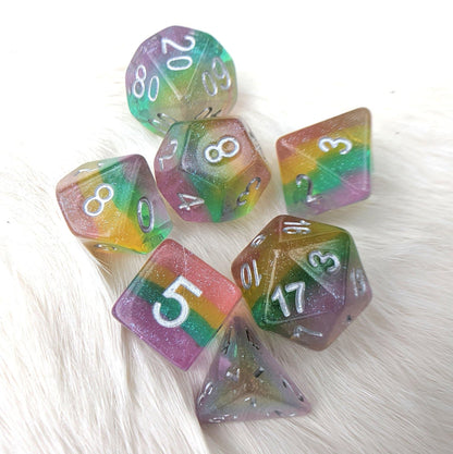 Fairy Dust Dice Set – 7-Piece Translucent Glitter Pastel Rainbow Gradient DnD Dice sets Fennek and Finch