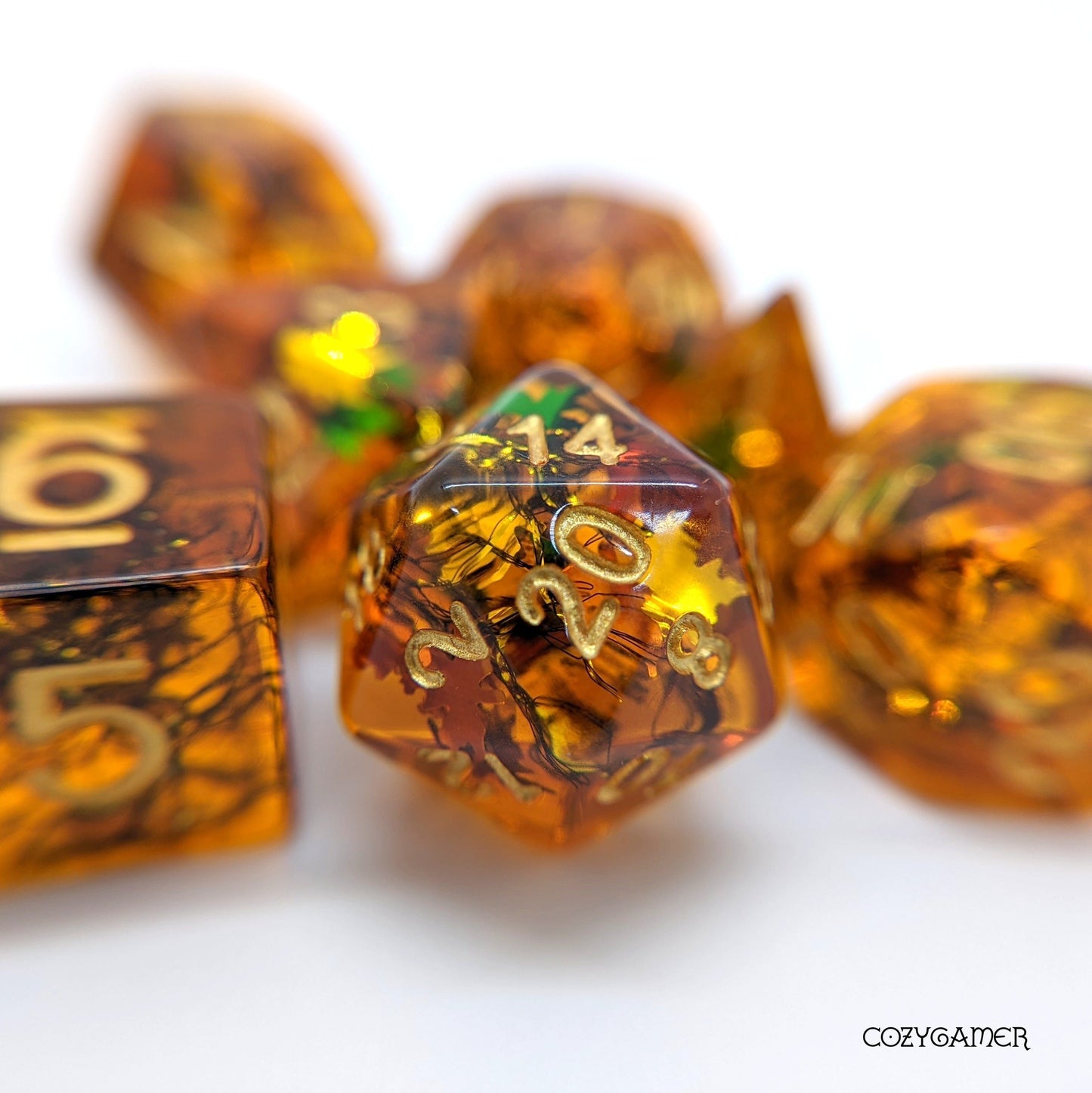 Falling Leaves Dice Set. 7 Piece Autumn Trees Themed Dice Set