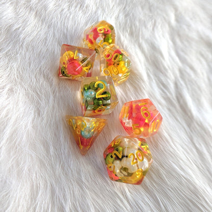 Festive Pearl Dice Set – Clear Resin with Vibrant Pearly Beads - Fennek and Finch