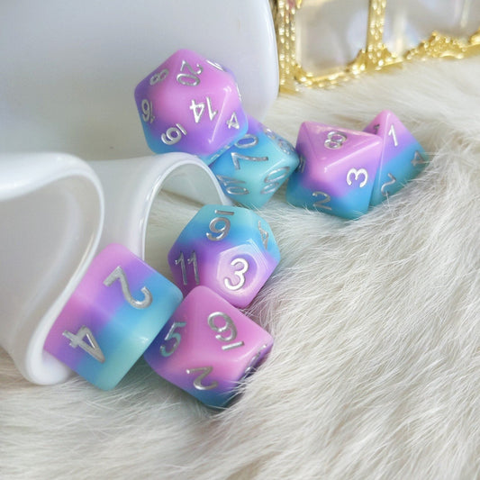 Fey Bloom Dice Set – 7 - Piece Pink Purple Blue Layered Gradient Silver Font - Fennek and Finch