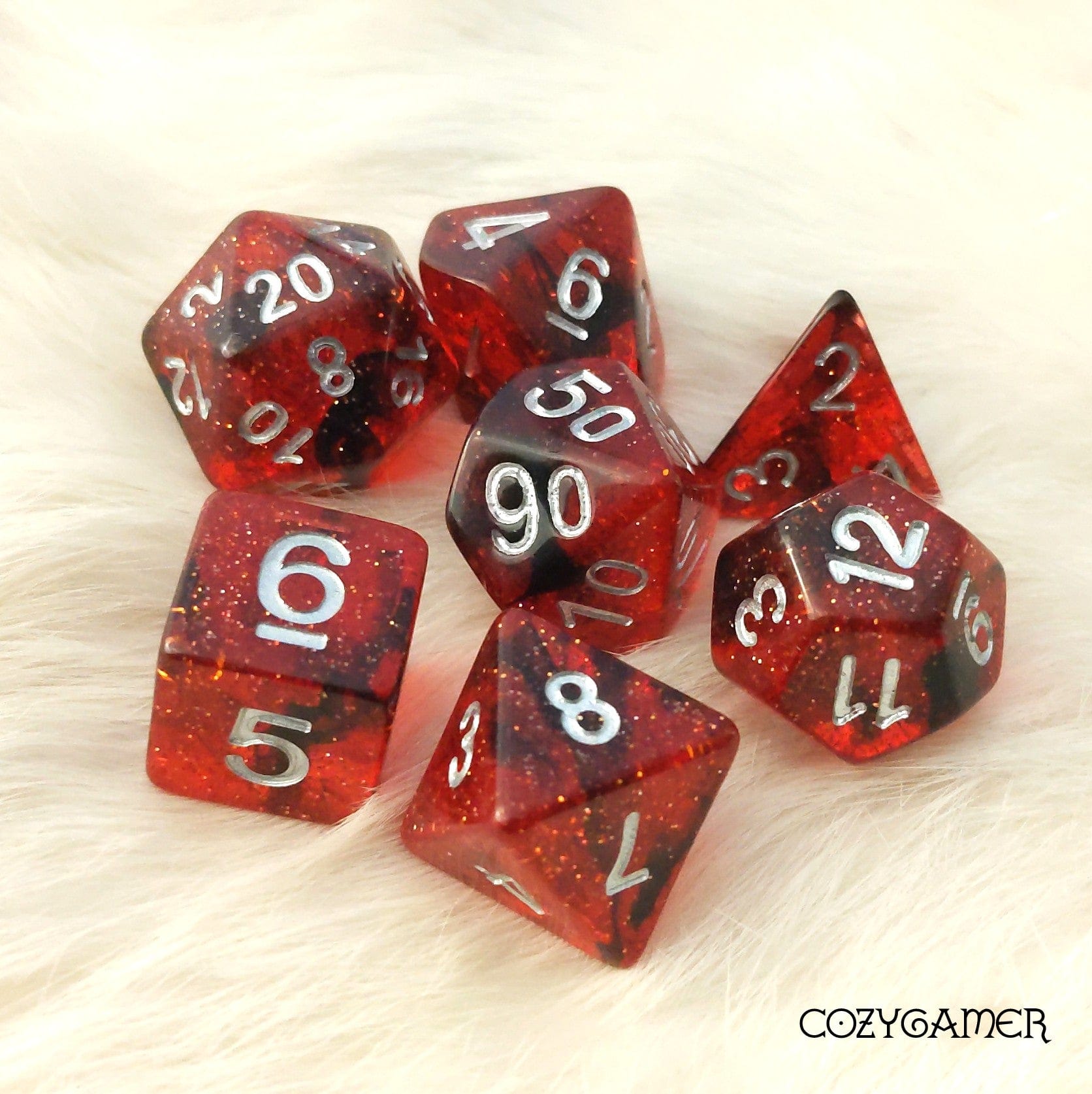 Fiery Core Dice Set – 7 - Piece Translucent Red Black Ink Glitter DnD Dice - Fennek and Finch