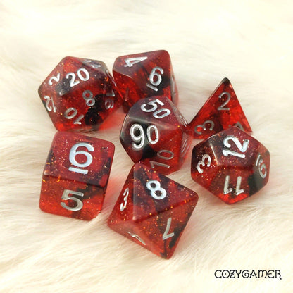 Fiery Core Dice Set – 7 - Piece Translucent Red Black Ink Glitter DnD Dice - Fennek and Finch