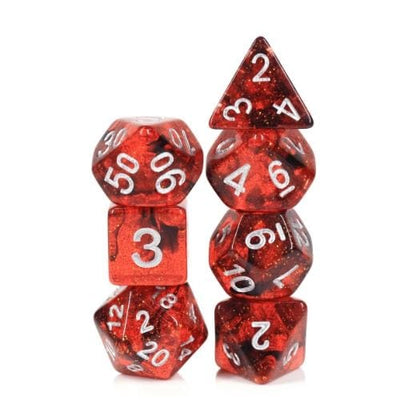 Fiery Core Dice Set – 7 - Piece Translucent Red Black Ink Glitter DnD Dice - Fennek and Finch