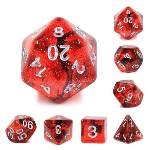 Fiery Core Dice Set – 7 - Piece Translucent Red Black Ink Glitter DnD Dice - Fennek and Finch