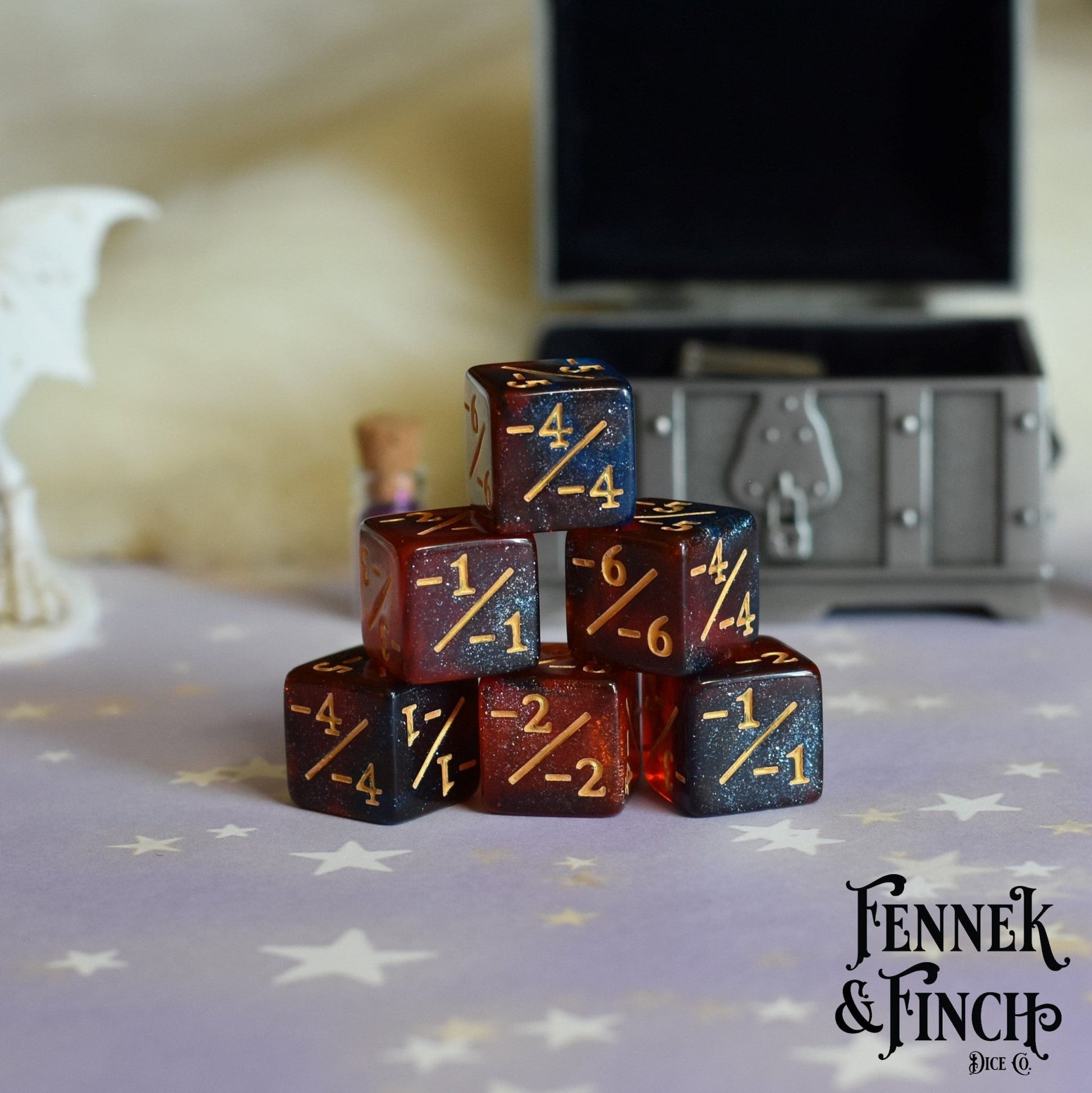 Fire and Ice D6 Counter Set – 6 - Piece Red Blue Glitter Negative Dice - Fennek and Finch