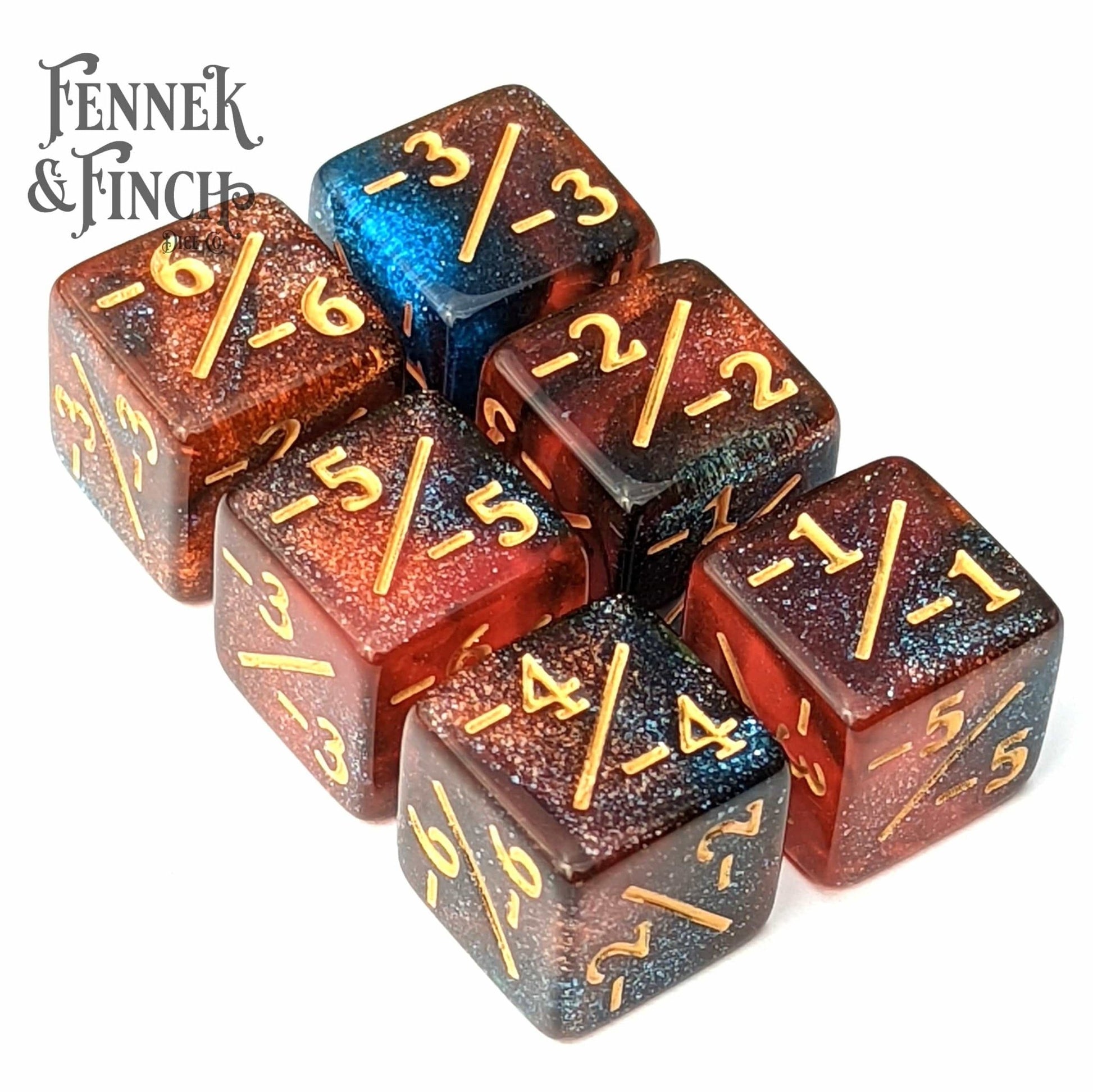 Fire and Ice D6 Counter Set – 6 - Piece Red Blue Glitter Negative Dice - Fennek and Finch