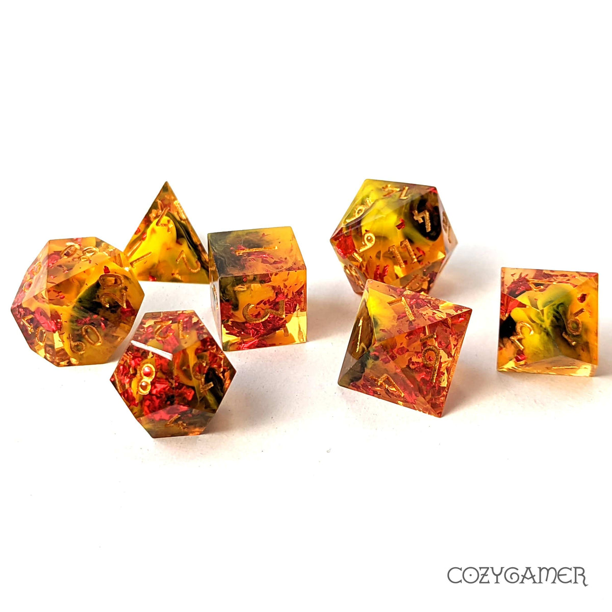Fire Elemental Sharp Edge Resin Dice Set. 7 Piece DND dice set Dice Sets & Games Fennek and Finch
