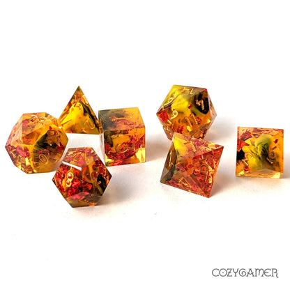 Fire Elemental Sharp Edge Resin Dice Set. 7 Piece DND dice set Dice Sets & Games Fennek and Finch