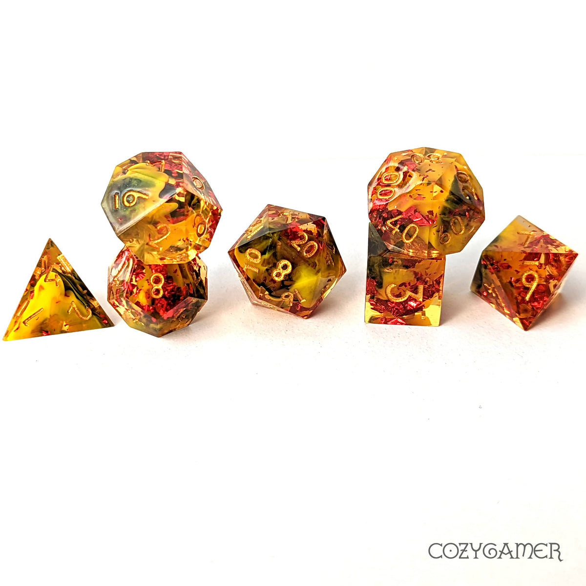 Fire Elemental Sharp Edge Resin Dice Set. 7 Piece DND dice set Dice Sets & Games Fennek and Finch