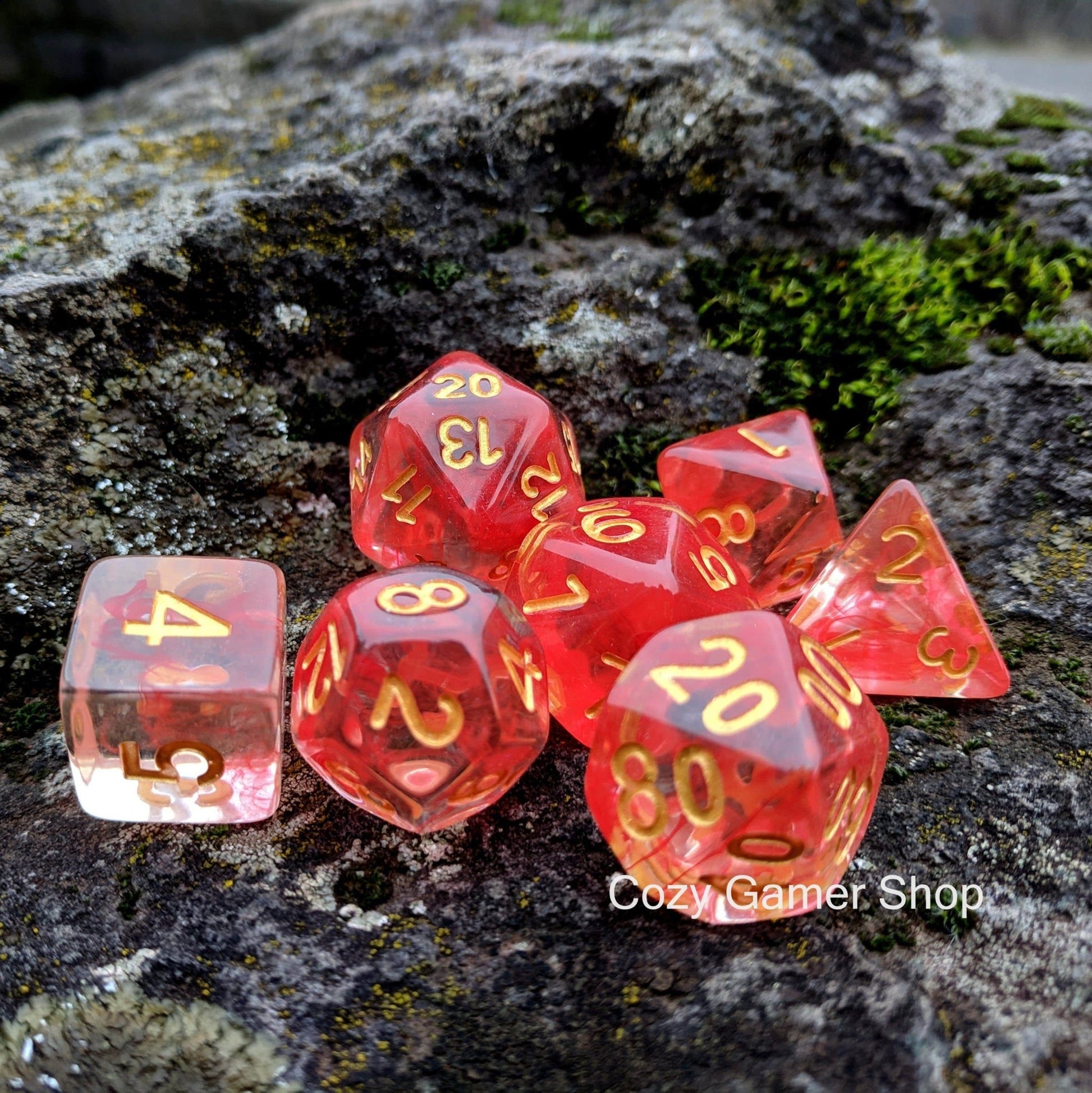 Fire Flick Dice Set – 7-Piece Transparent Red Ink Suspended Acrylic DnD Dice Dice sets Fennek and Finch