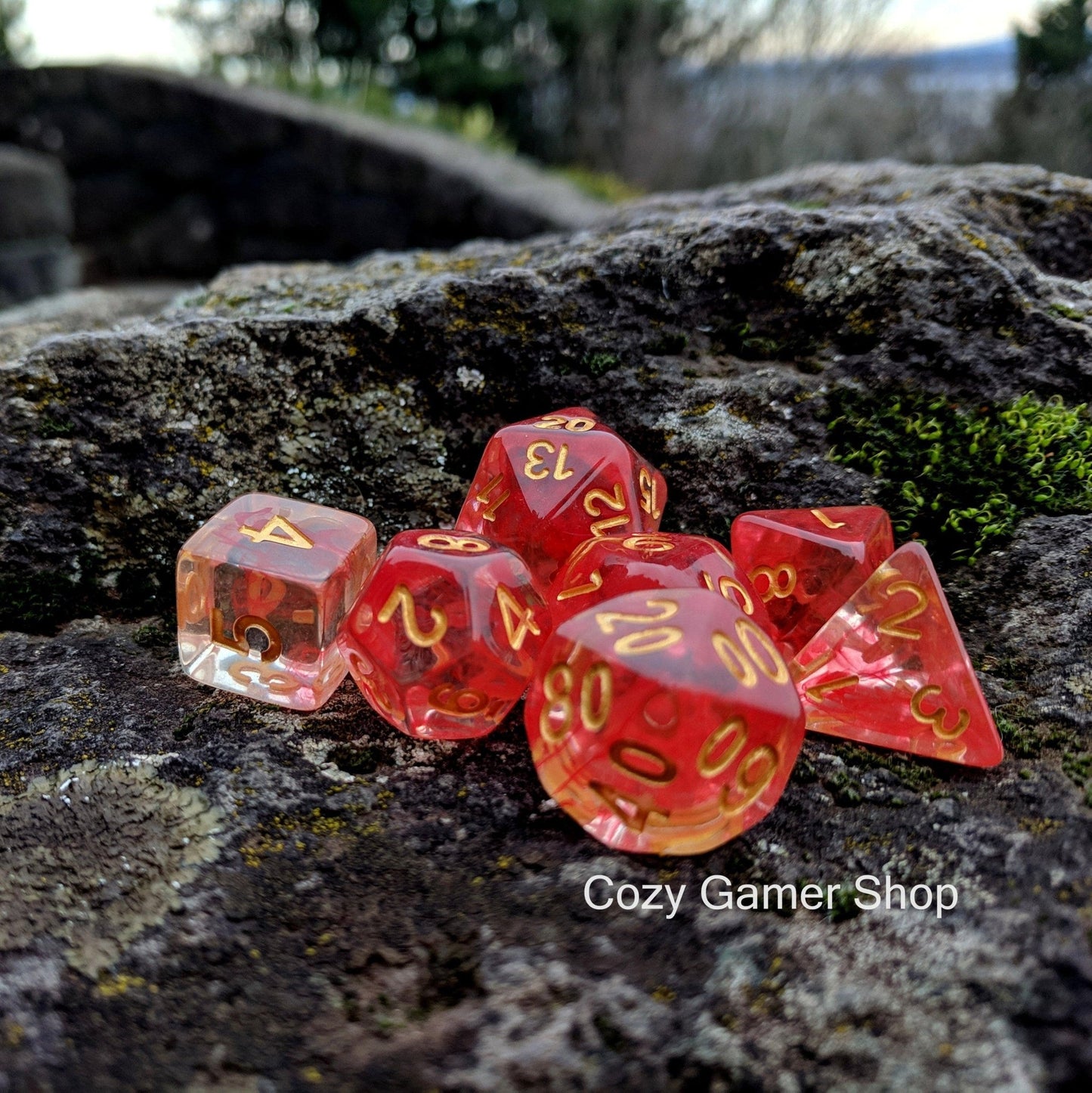 Fire Flick Dice Set – 7-Piece Transparent Red Ink Suspended Acrylic DnD Dice Dice sets Fennek and Finch