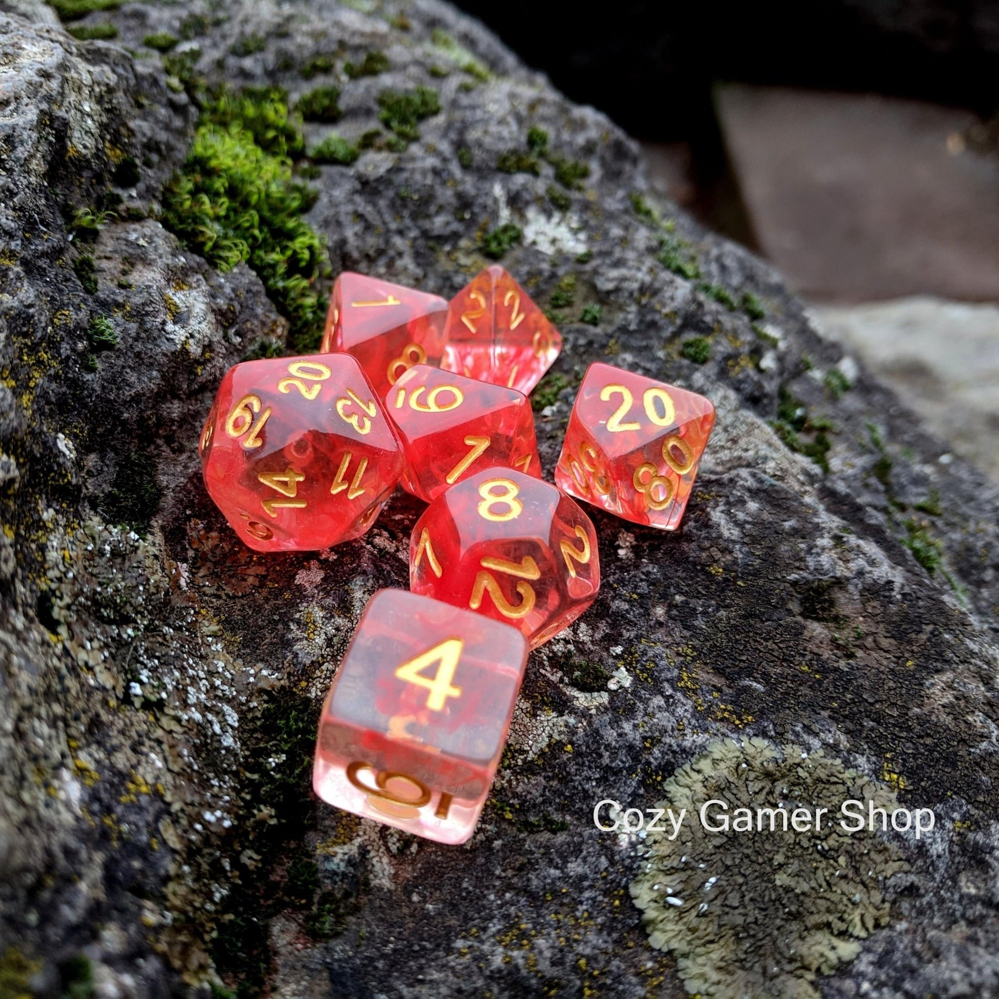 Fire Flick Dice Set – 7-Piece Transparent Red Ink Suspended Acrylic DnD Dice Dice sets Fennek and Finch
