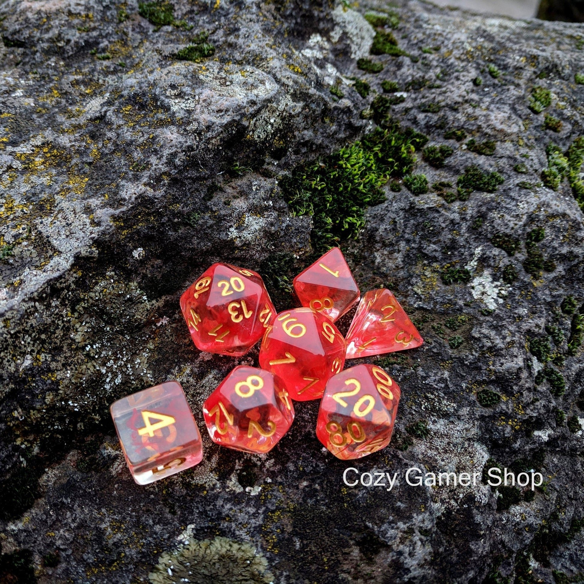 Fire Flick Dice Set – 7-Piece Transparent Red Ink Suspended Acrylic DnD Dice Dice sets Fennek and Finch