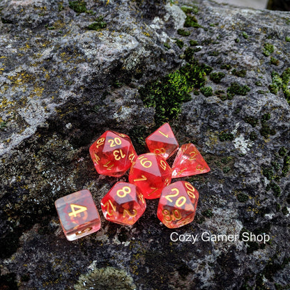Fire Flick Dice Set – 7-Piece Transparent Red Ink Suspended Acrylic DnD Dice Dice sets Fennek and Finch
