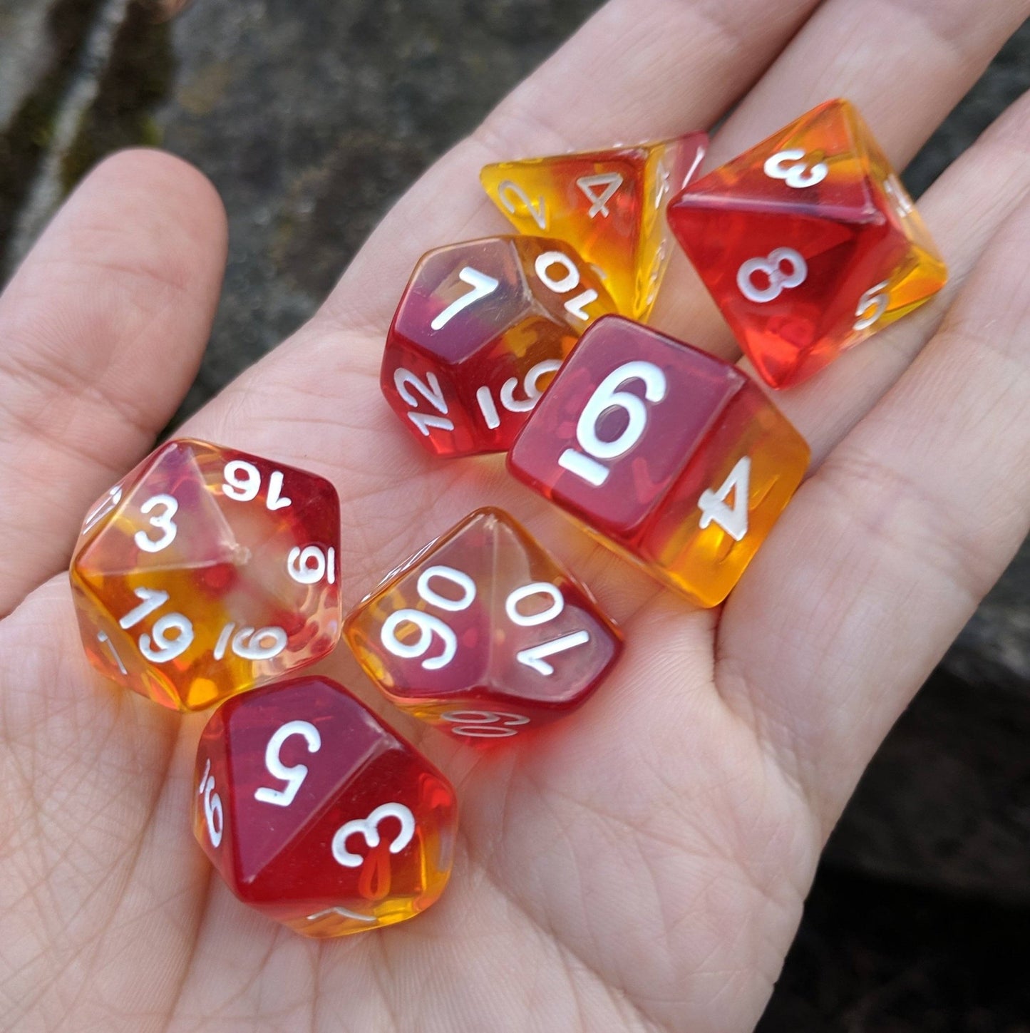 Fire Light Dice Set – 7 - Piece Red White Yellow Layered Transparent DnD Dice - Fennek and Finch