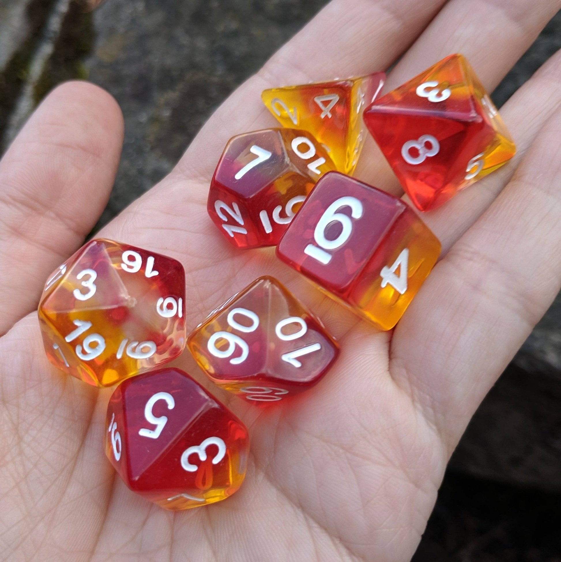 Fire Light Dice Set – 7 - Piece Red White Yellow Layered Transparent DnD Dice - Fennek and Finch