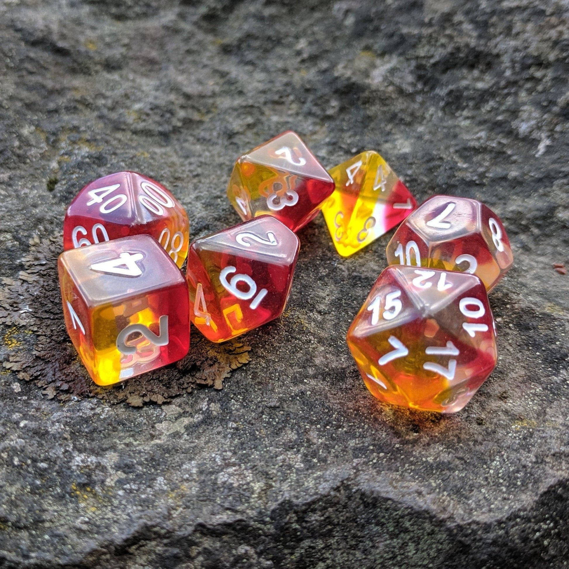 Fire Light Dice Set – 7 - Piece Red White Yellow Layered Transparent DnD Dice - Fennek and Finch