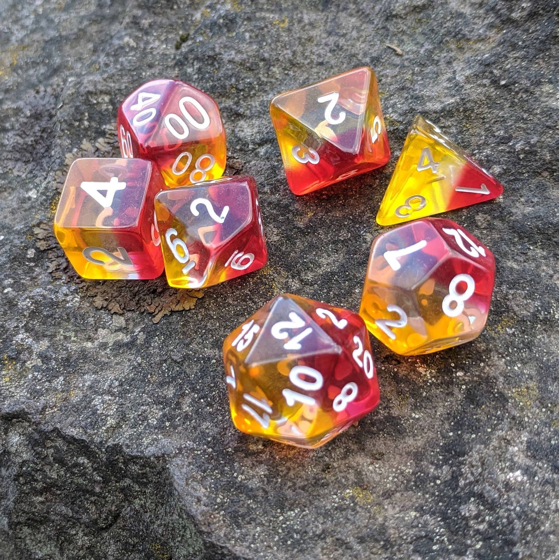 Fire Light Dice Set – 7 - Piece Red White Yellow Layered Transparent DnD Dice - Fennek and Finch