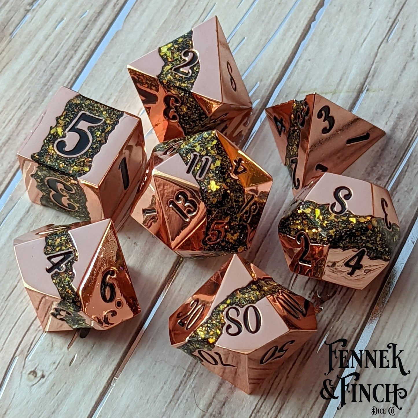 Fissure Metal Dice Set – 7 - Piece Copper Green Gold Glitter Stripe DnD Dice - Fennek and Finch