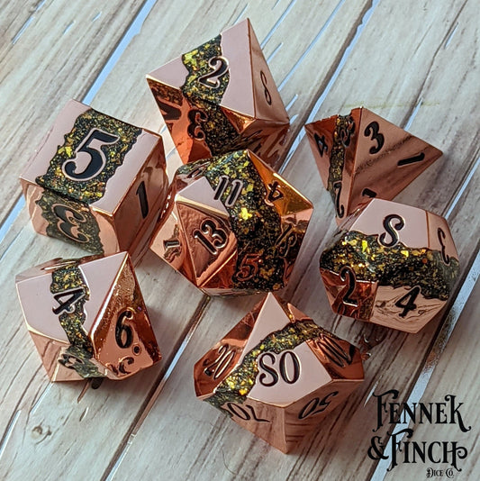 Fissure Metal Dice Set – 7 - Piece Copper Green Gold Glitter Stripe DnD Dice - Fennek and Finch