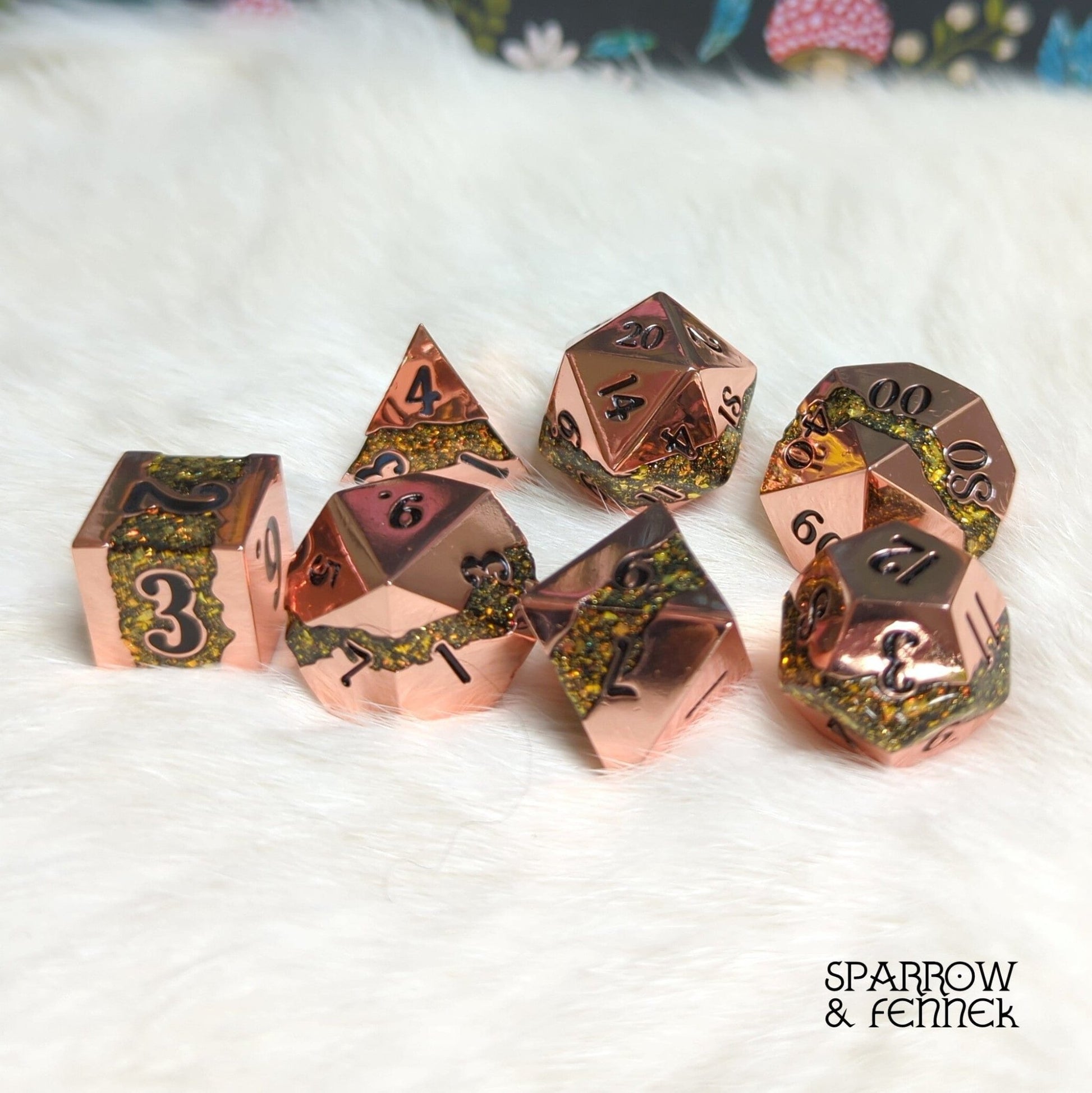 Fissure Metal Dice Set – 7 - Piece Copper Green Gold Glitter Stripe DnD Dice - Fennek and Finch
