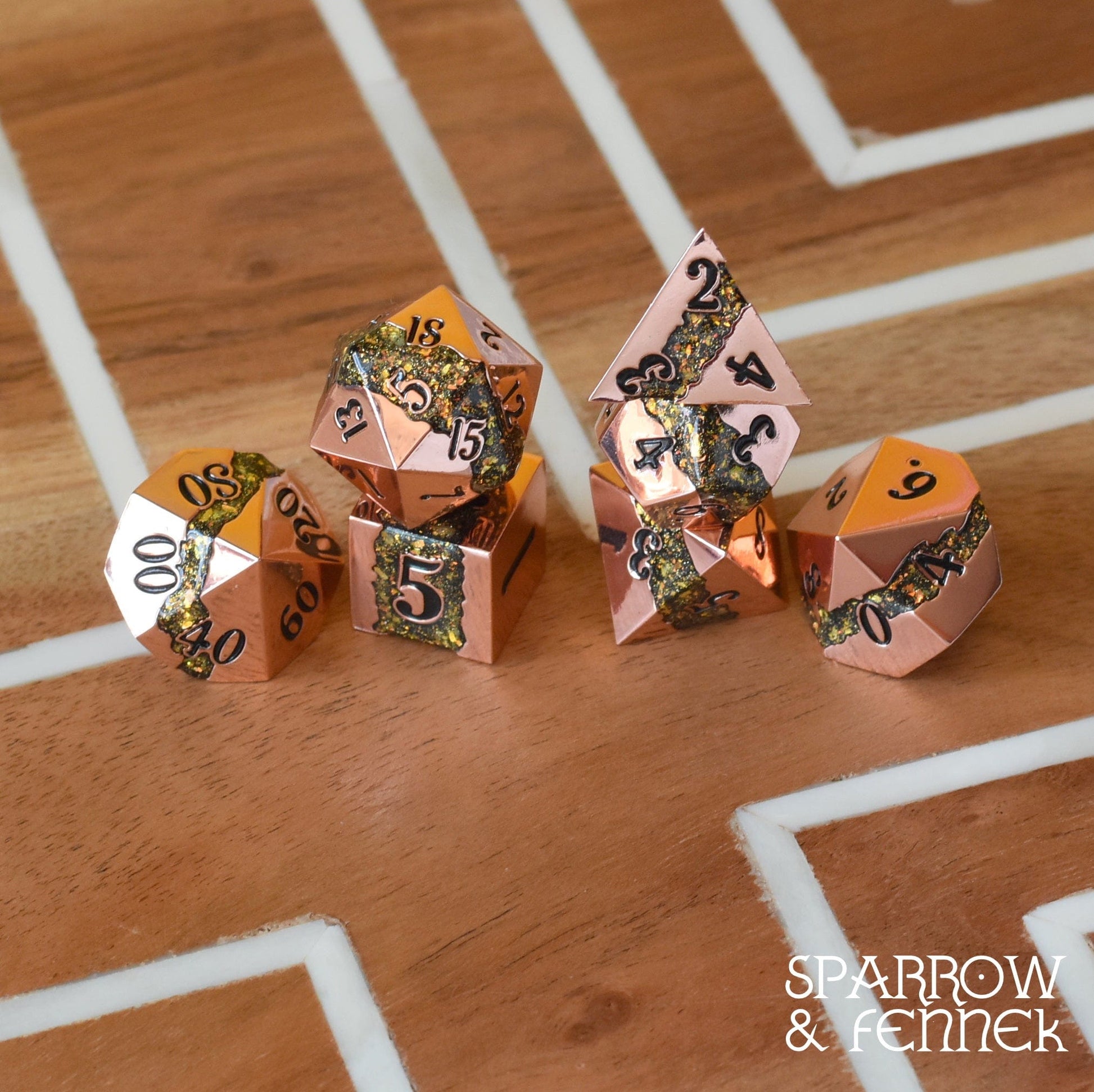 Fissure Metal Dice Set – 7 - Piece Copper Green Gold Glitter Stripe DnD Dice - Fennek and Finch