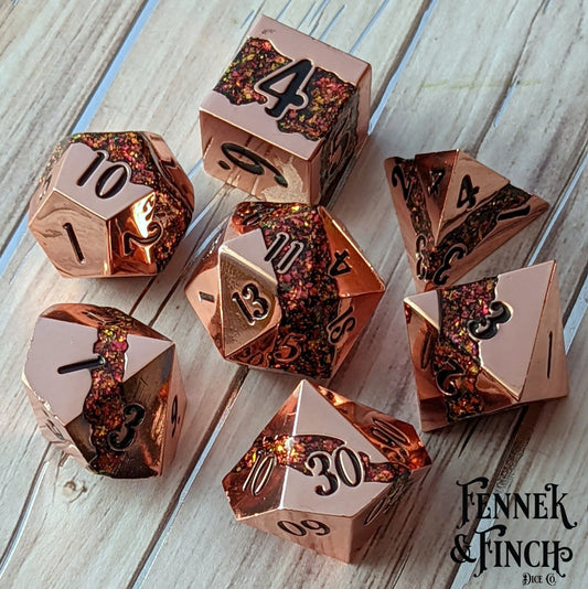 Fissure Metal Dice Set – 7 - Piece Copper Red Glitter Stripe DnD Dice - Fennek and Finch