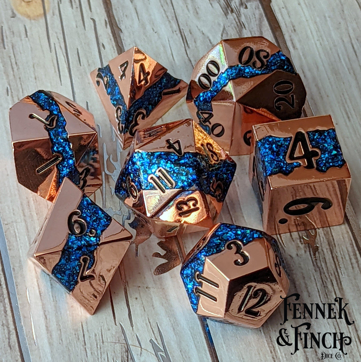 Fissure Metal Dice Set Copper and Blue Dice sets Fennek and Finch