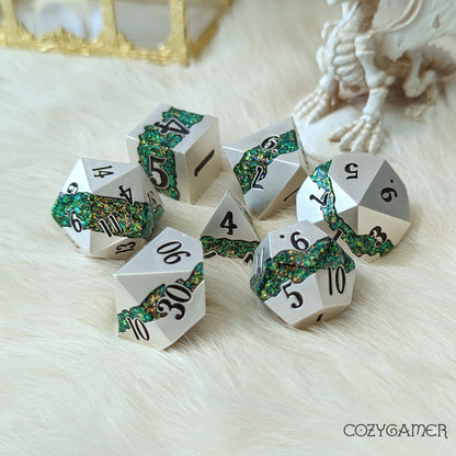 Fissure Metal Dice Set Silver and Green Dice sets Fennek and Finch