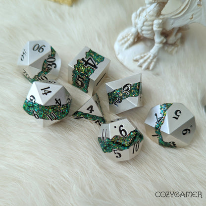 Fissure Metal Dice Set Silver and Green Dice sets Fennek and Finch