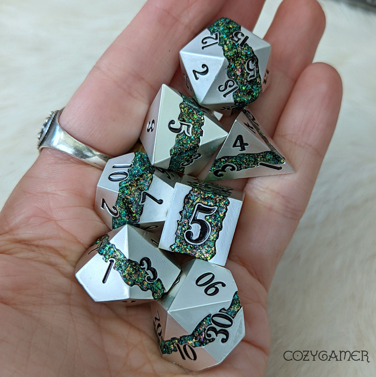 Fissure Metal Dice Set Silver and Green Dice sets Fennek and Finch