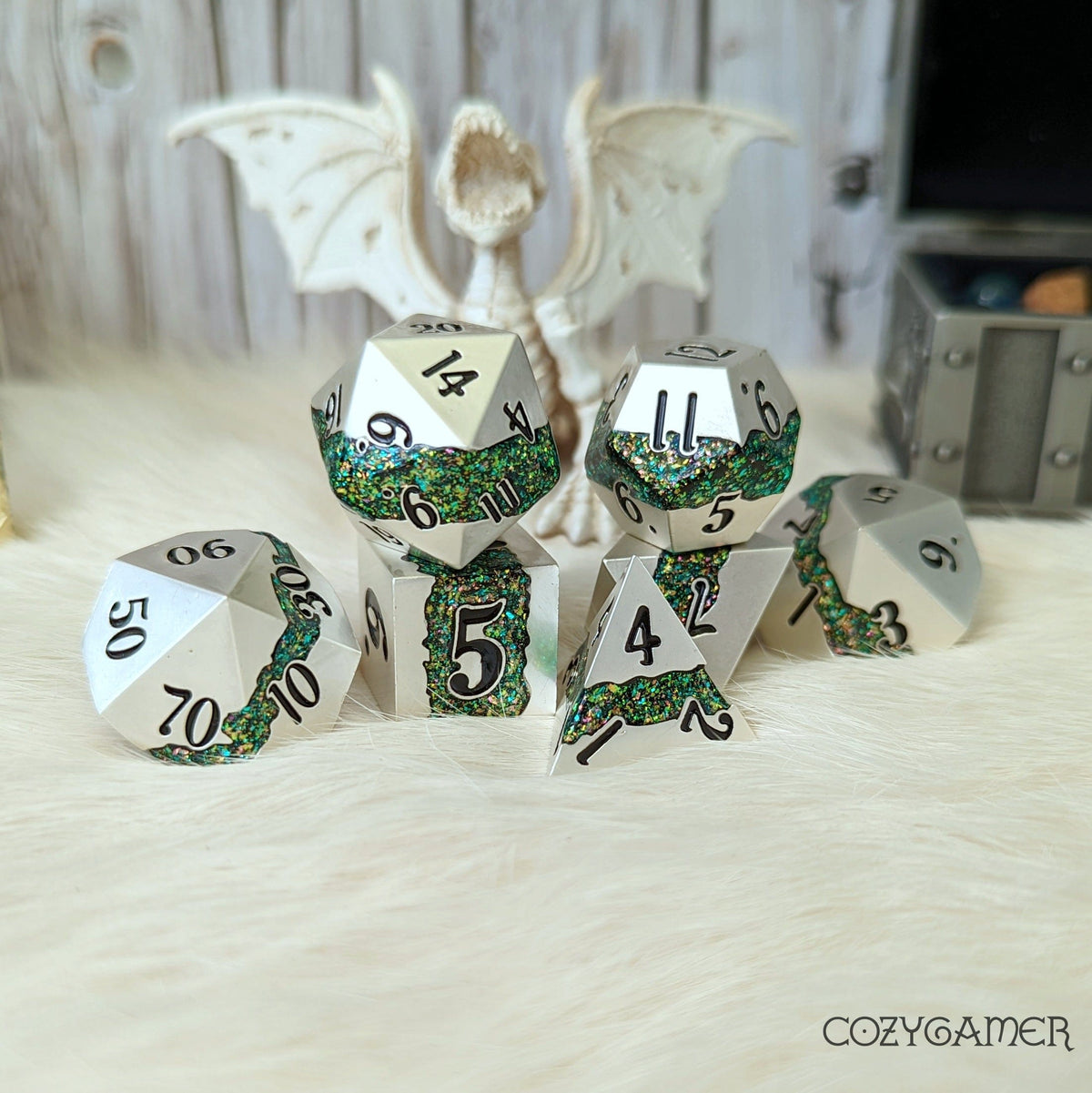 Fissure Metal Dice Set Silver and Green Dice sets Fennek and Finch