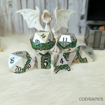 Fissure Metal Dice Set Silver and Green Dice sets Fennek and Finch