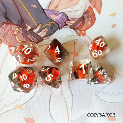 Flame Skull Dice Set – 7-Piece Red Skull Black Smoke DnD Dice Dice Sets & Games Fennek and Finch