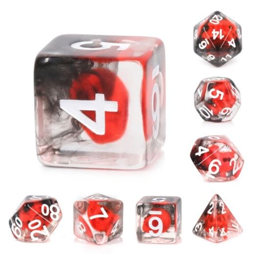 Flame Skull Dice Set with red skulls in clear resin, black smoke, includes D20, D12, D10, D%, D8, D6, D4 for RPG games.