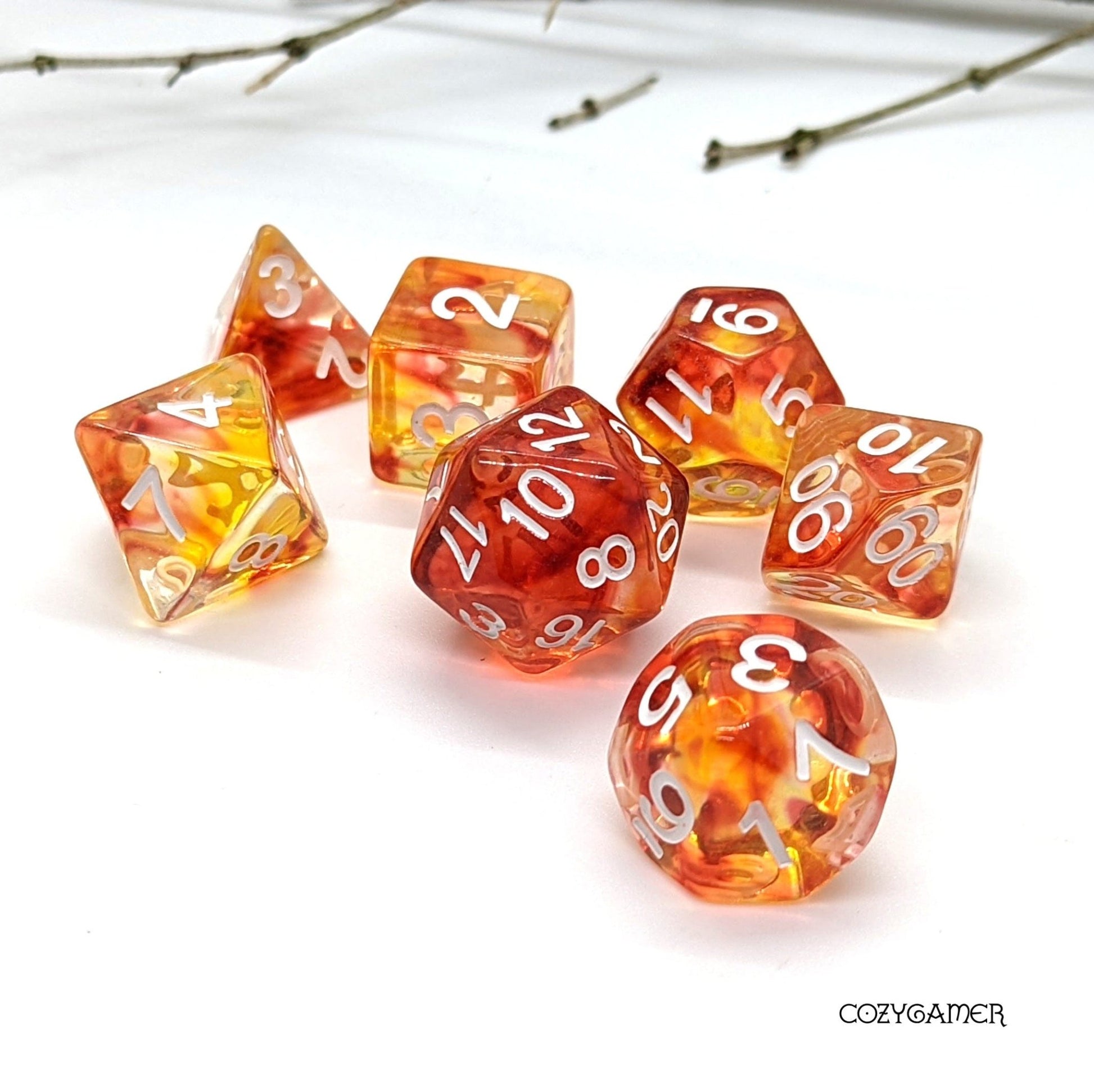 Flames Dice Set – 7 - Piece Red Orange Yellow Fire DnD Dice - Fennek and Finch