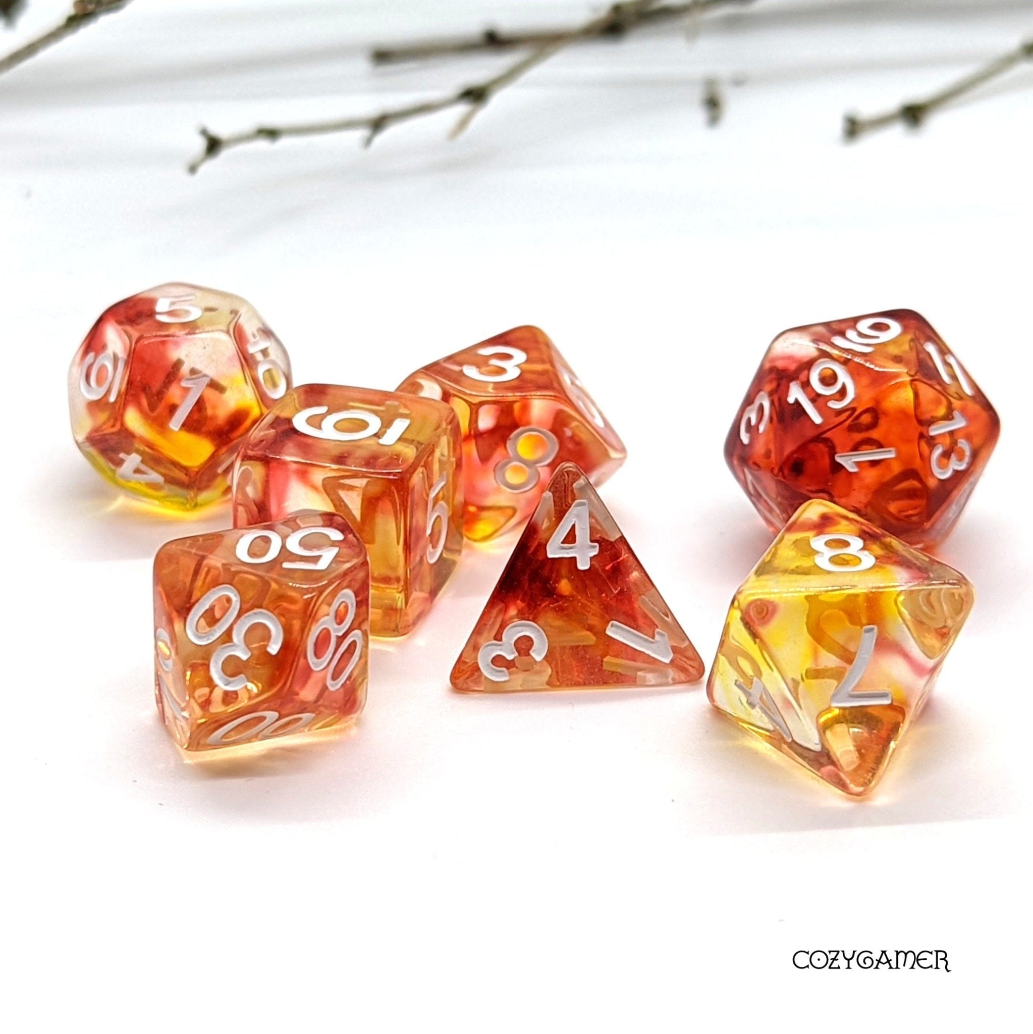Flames Dice Set – 7pc Red Orange Yellow Fire DnD Dice TTRPG