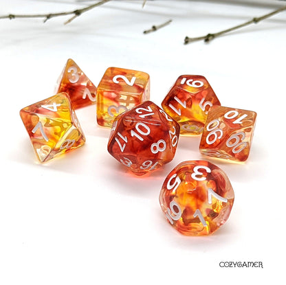 Flames Dice Set. Red, Orange, and Yellow Fire
