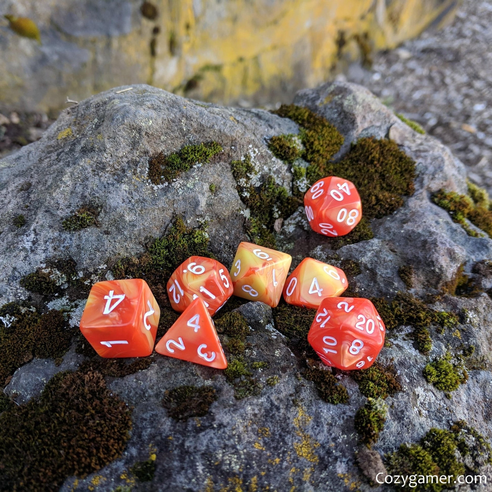 Flaming Orb Dice Set – 7 - Piece Orange Yellow Pearl Marbled Acrylic Fire DnD - Fennek and Finch