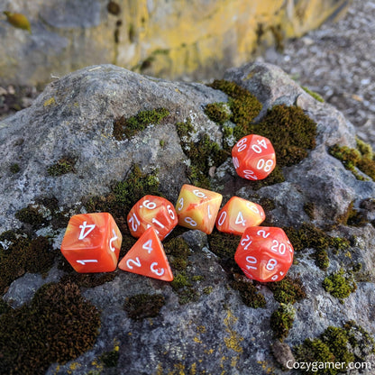 Flaming Orb Dice Set – 7 - Piece Orange Yellow Pearl Marbled Acrylic Fire DnD - Fennek and Finch
