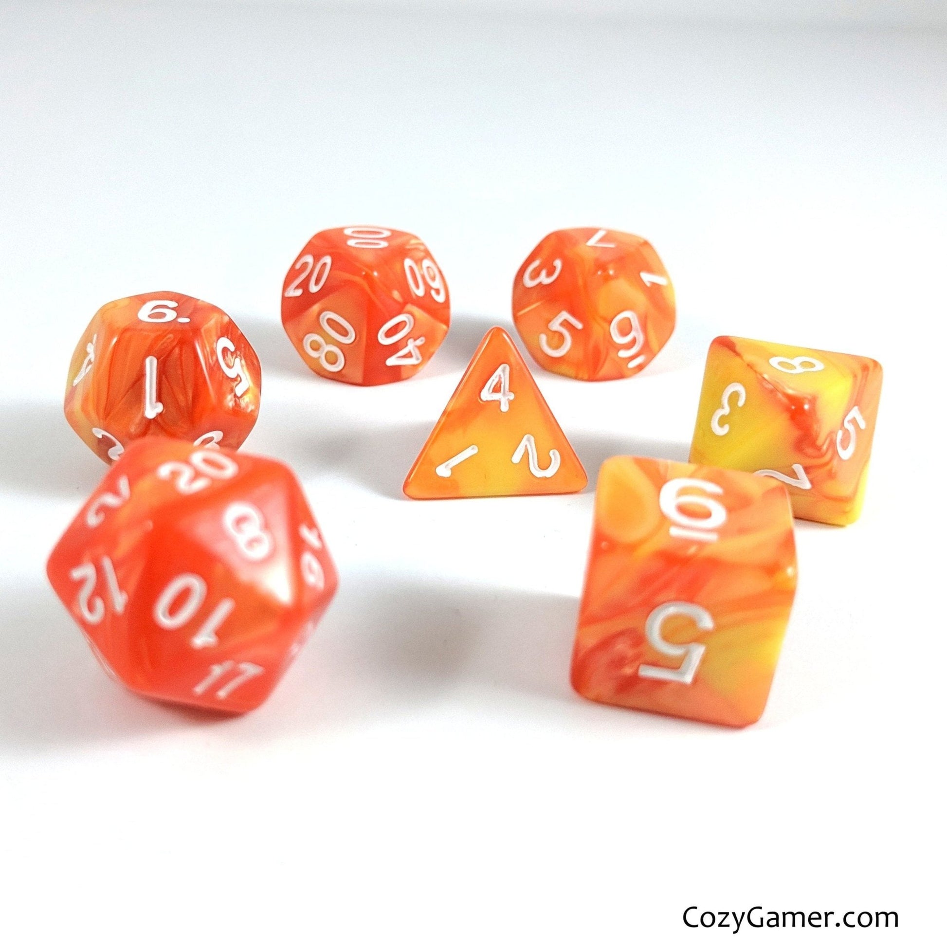 Flaming Orb Dice Set – 7 - Piece Orange Yellow Pearl Marbled Acrylic Fire DnD - Fennek and Finch
