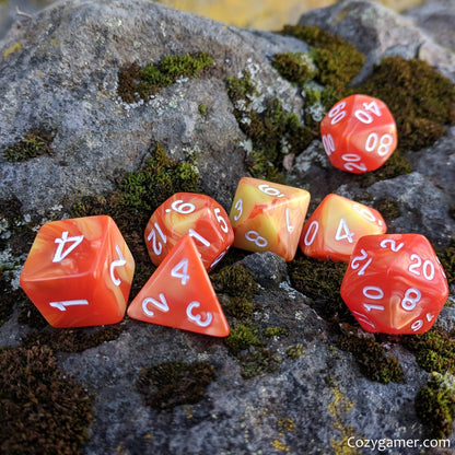 Flaming Orb Dice Set – 7 - Piece Orange Yellow Pearl Marbled Acrylic Fire DnD - Fennek and Finch