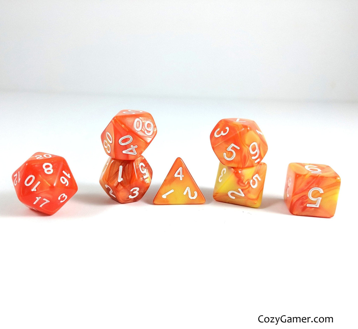 Flaming Orb Dice Set – 7 - Piece Orange Yellow Pearl Marbled Acrylic Fire DnD - Fennek and Finch