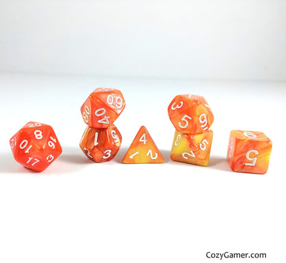 Flaming Orb Dice Set – 7 - Piece Orange Yellow Pearl Marbled Acrylic Fire DnD - Fennek and Finch
