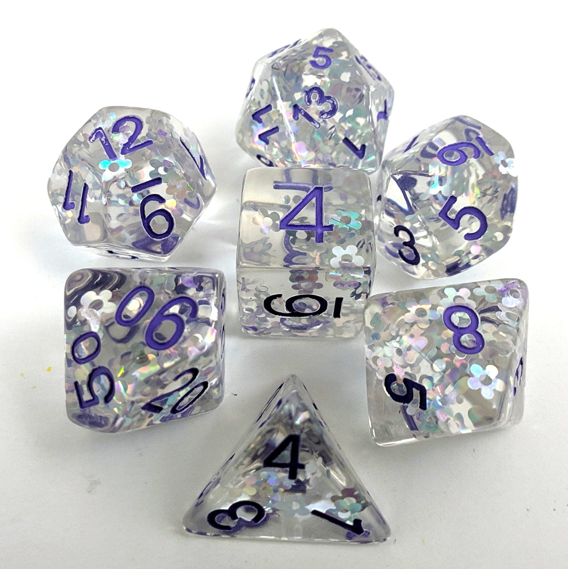 Flashing Plum Dice Set, Silver holographic glitter flowers - CozyGamer