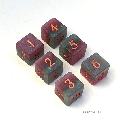 Fluorite, a purple and green layered matte resin DND dice set 6 D6 Set