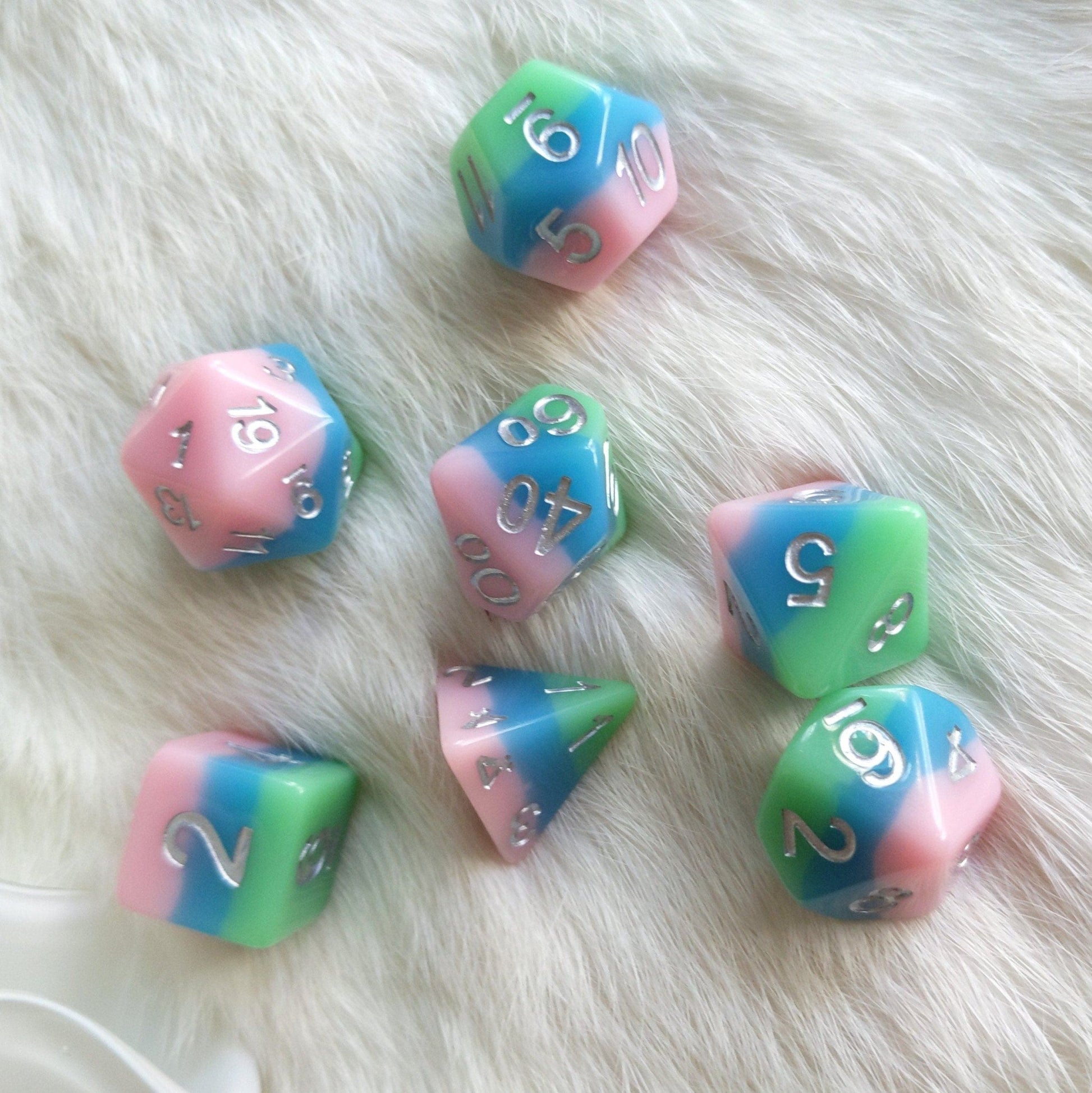 Fluttering Elf Dice Set – 7-Piece Green Blue Pink Layered DnD Dice Dice Sets & Games Fennek and Finch