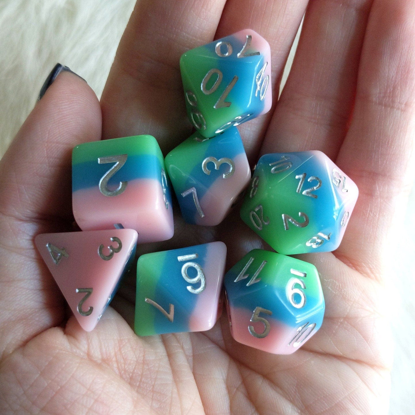 Fluttering Elf Dice Set. Green, blue and pink layered dice set - CozyGamer