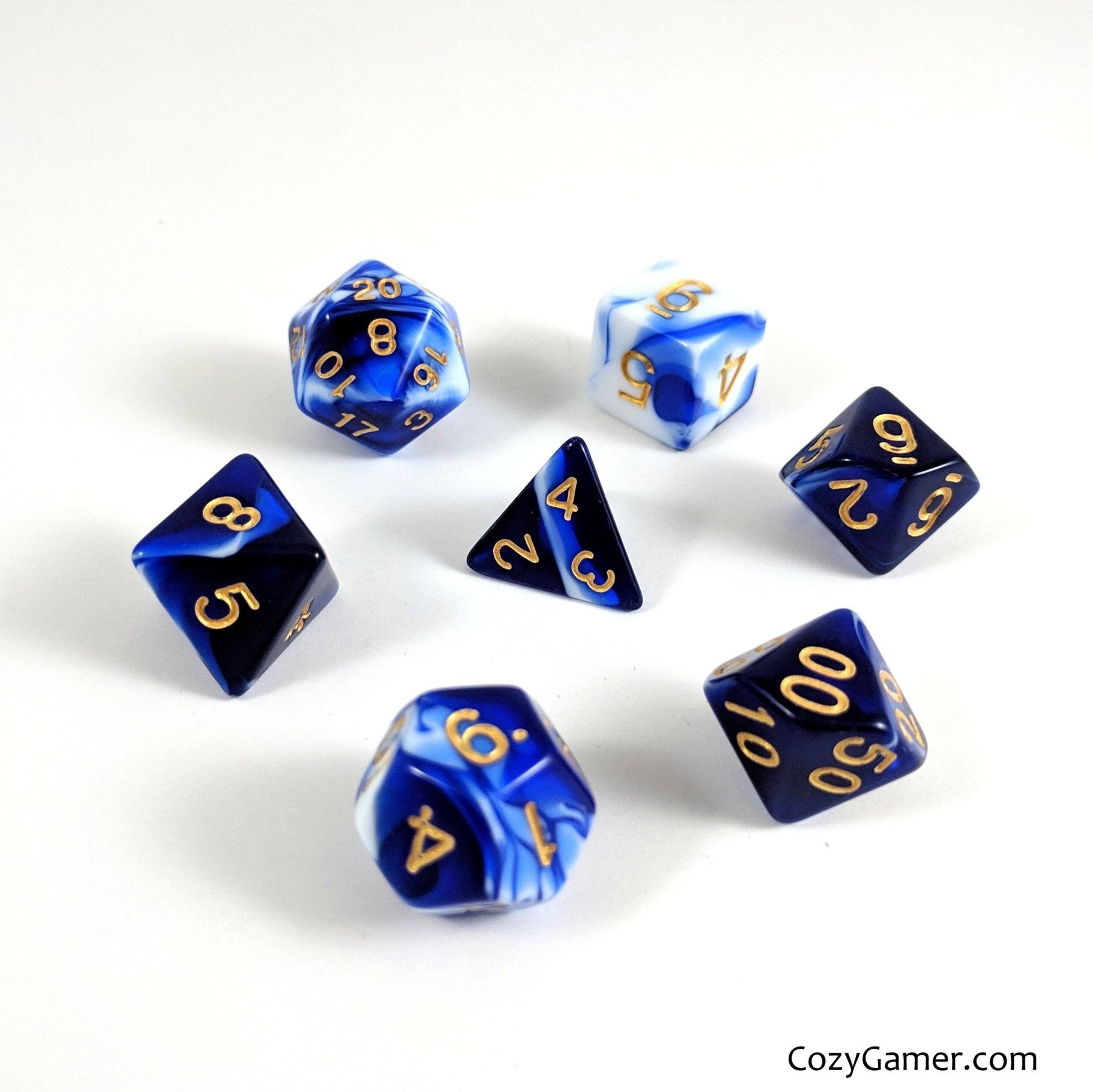Force Field Dice Set – 7-Piece Blue White Opaque Marbled Acrylic DnD Dice Dice sets Fennek and Finch