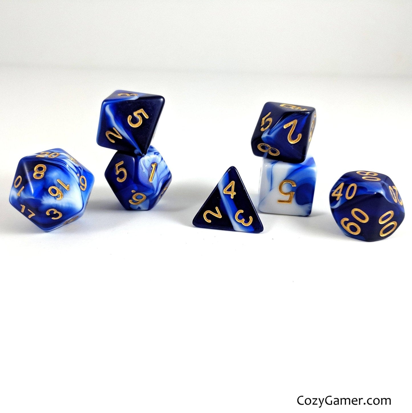 Force Field Dice Set – 7-Piece Blue White Opaque Marbled Acrylic DnD Dice Dice sets Fennek and Finch